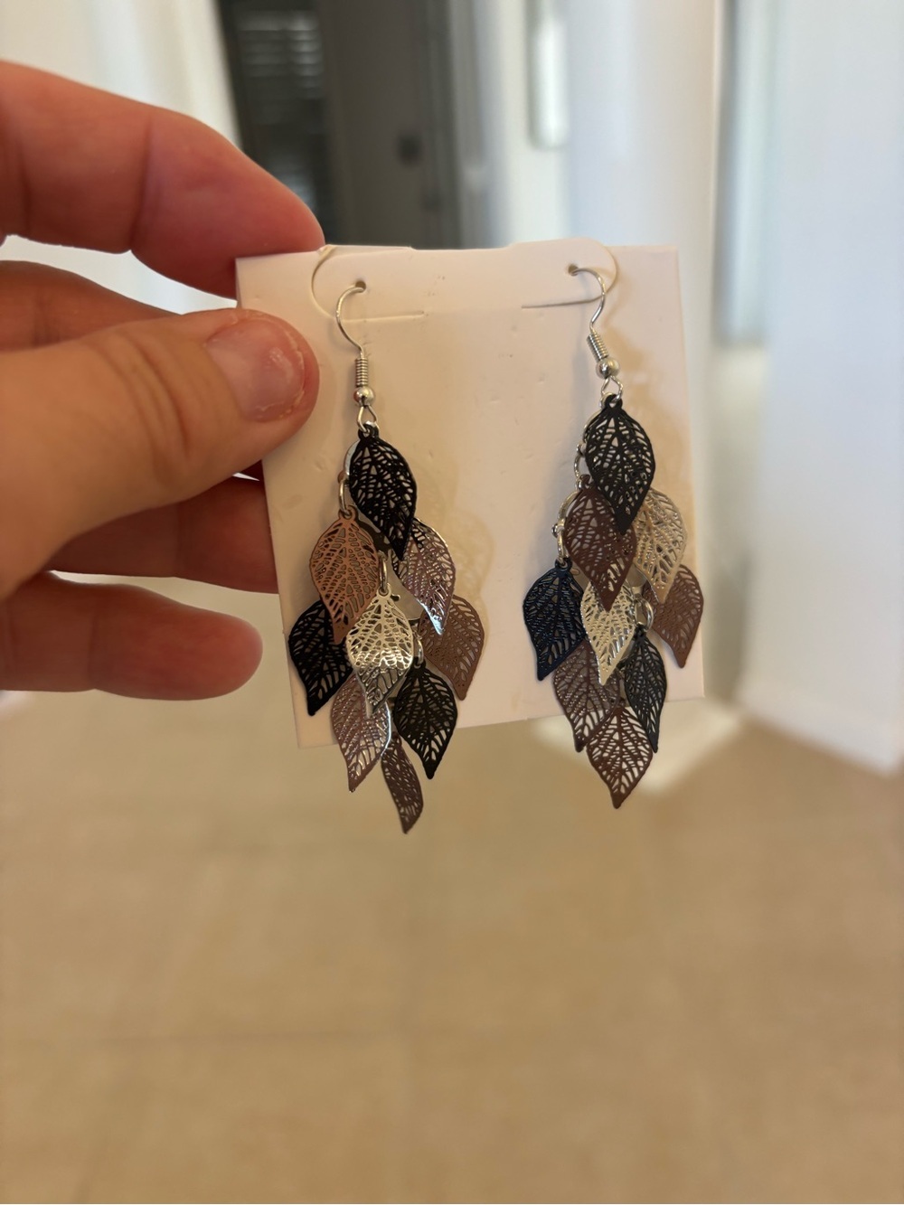 Layered Leaf Dangle Earrings in Black, Brown and Silver